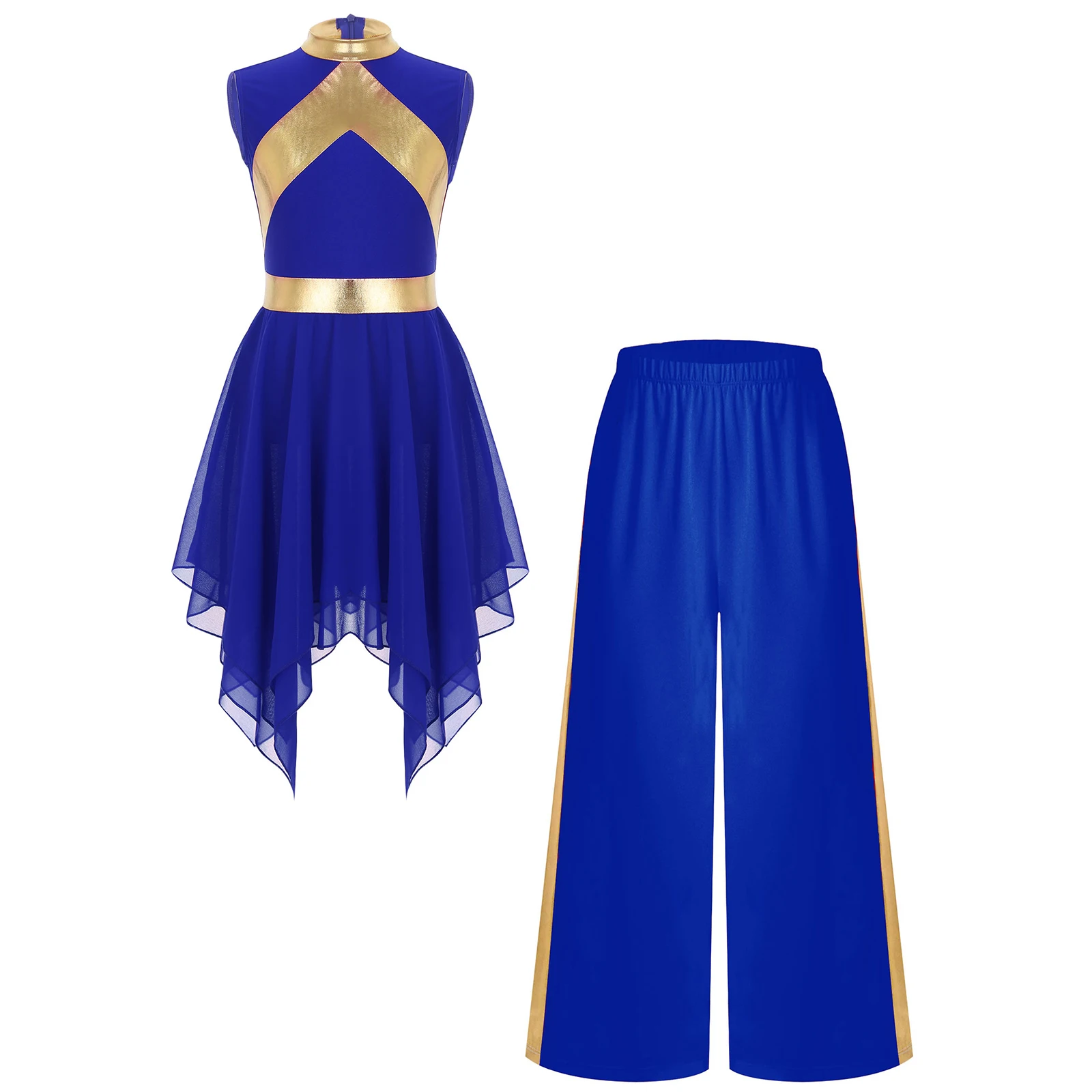 slim fit dress slacks Danzcue Praise Dance Shimmery Asymmetrical Bell Sleeve Dress Bright Royal-Gold / S-Adult