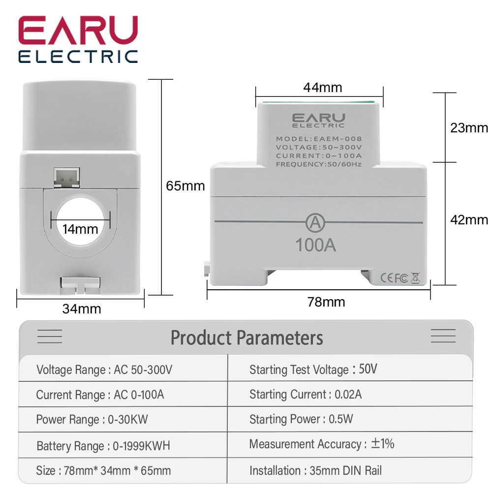 Din Rail Power Energy Meter Electronic kWh Wattmeter Multifunctional Digital VOLT AMP Ammeter Voltmeter AC Monitor 50-300V 100A