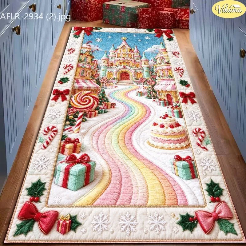 VIKAMA Christmas Runner Rug, Nutcracker Soldiers Snowy Forest Cabins, Winter Scene, Plush Decorative, Entryway Decor
