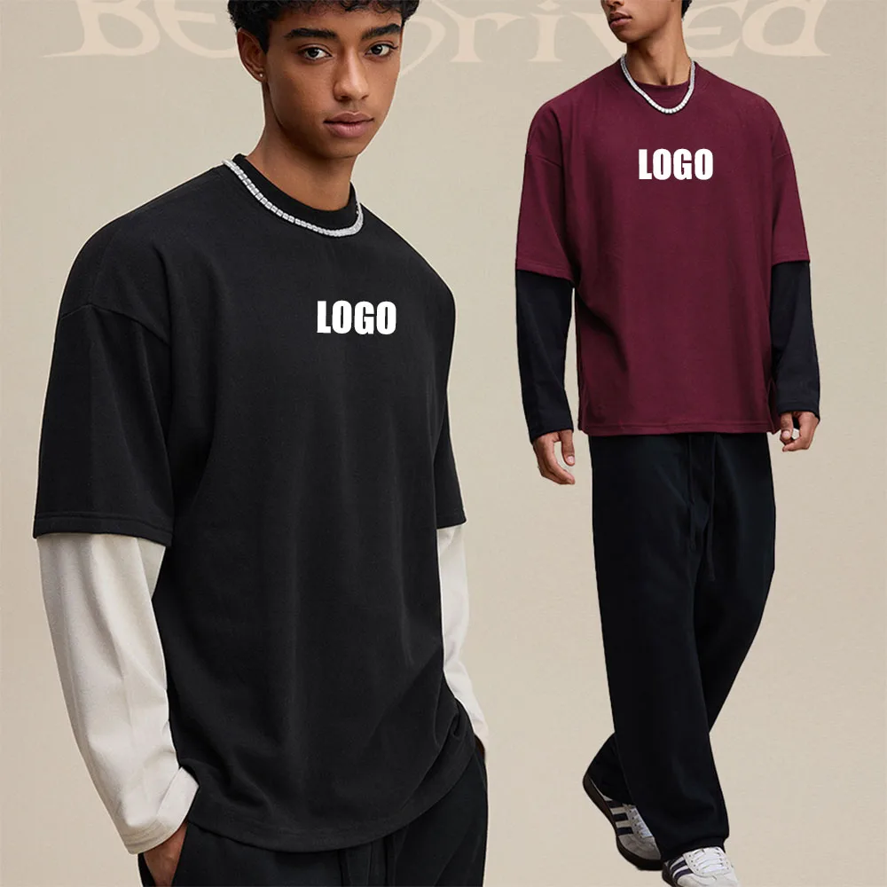 

Custom LOGO men's spring autumn new 320G neutral wind contrasting color splicing base fake two long-sleeved couple T-shirt