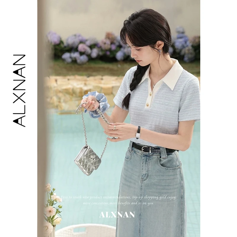 ALXNAN Women's Light Blue Polo T-shirt Summer Short Sleeve Tops Casual Elegant Soft Korean Style Ladies Tees 2026 New L65762A