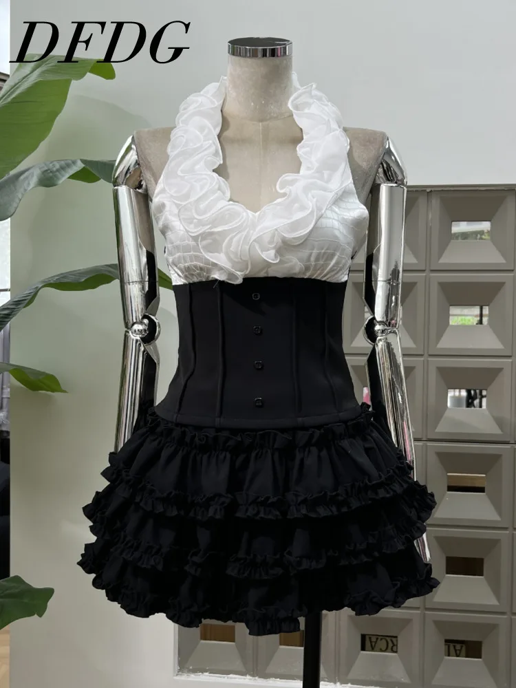 DFDG Women’s Floral Lace V-Neck Backless Crop Top Black White Contrast Waist Skirt 2-Piece Set Boho Beach 2025 Spring Summer Set