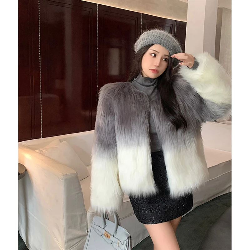 MEXZT Elegant Faux Fur Coat Women Cropped Gradient Fluffy Jacket Korean Party Furry Outwear Winter Patchwork Plush Overcoat New