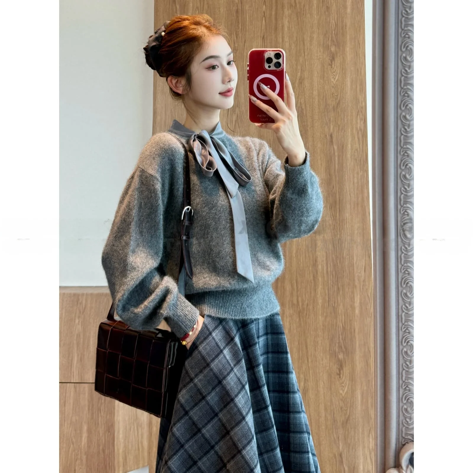 

ay Knitted Sweater with Silk Scarf And Rabbit Fur Tie Design Loose Fit round Ne Long Sve Warm Thiened Autumn Winter ...