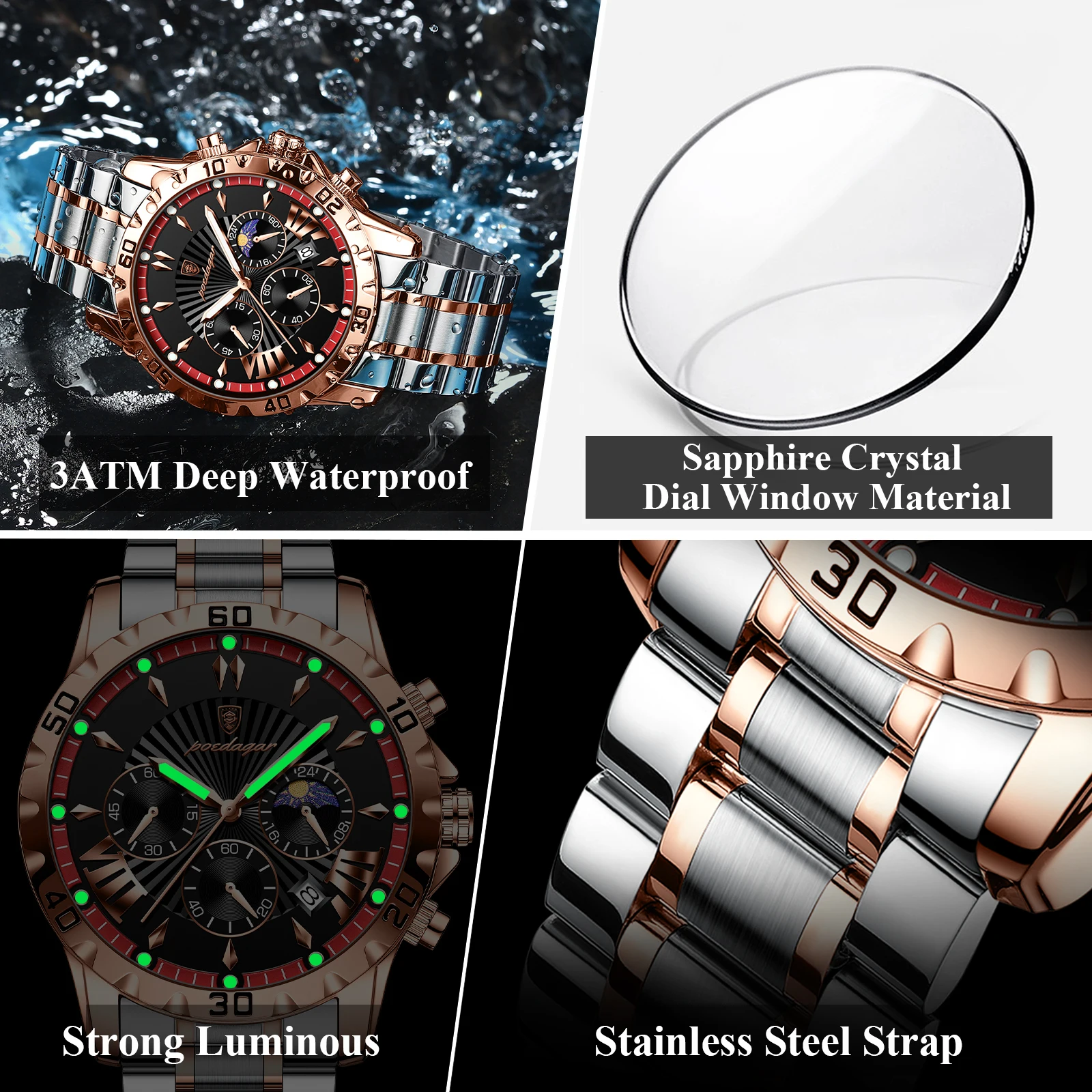 POEDAGAR Luxury High Quality Watch for Man Waterproof Luminous Chronograph Date Men Watch Stainless Steel Quartz Men's Watches