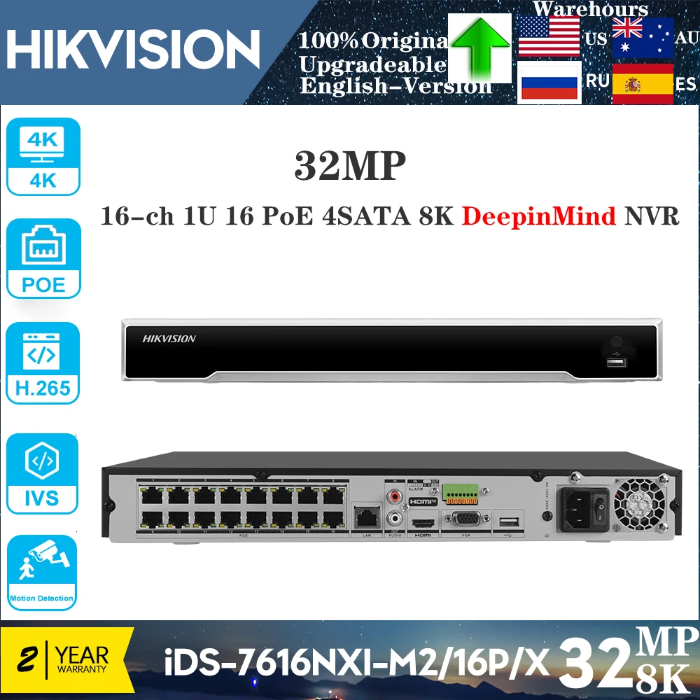 Original Hikvision 8K 32MP iDS-7616NXI-M2/16P/X 16-ch 16 PoE DeepinMind NVR 4Sata  AI MD2.0 Surveillance Network Video Recorder