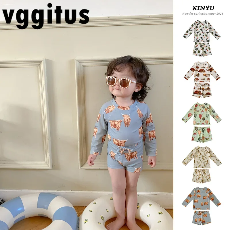 New Summer Custom Floral Printed Two Piece Long Sleeve UPF50 Swimsuit Girl Boy Board Shorts Children Baby Swimwear H6923