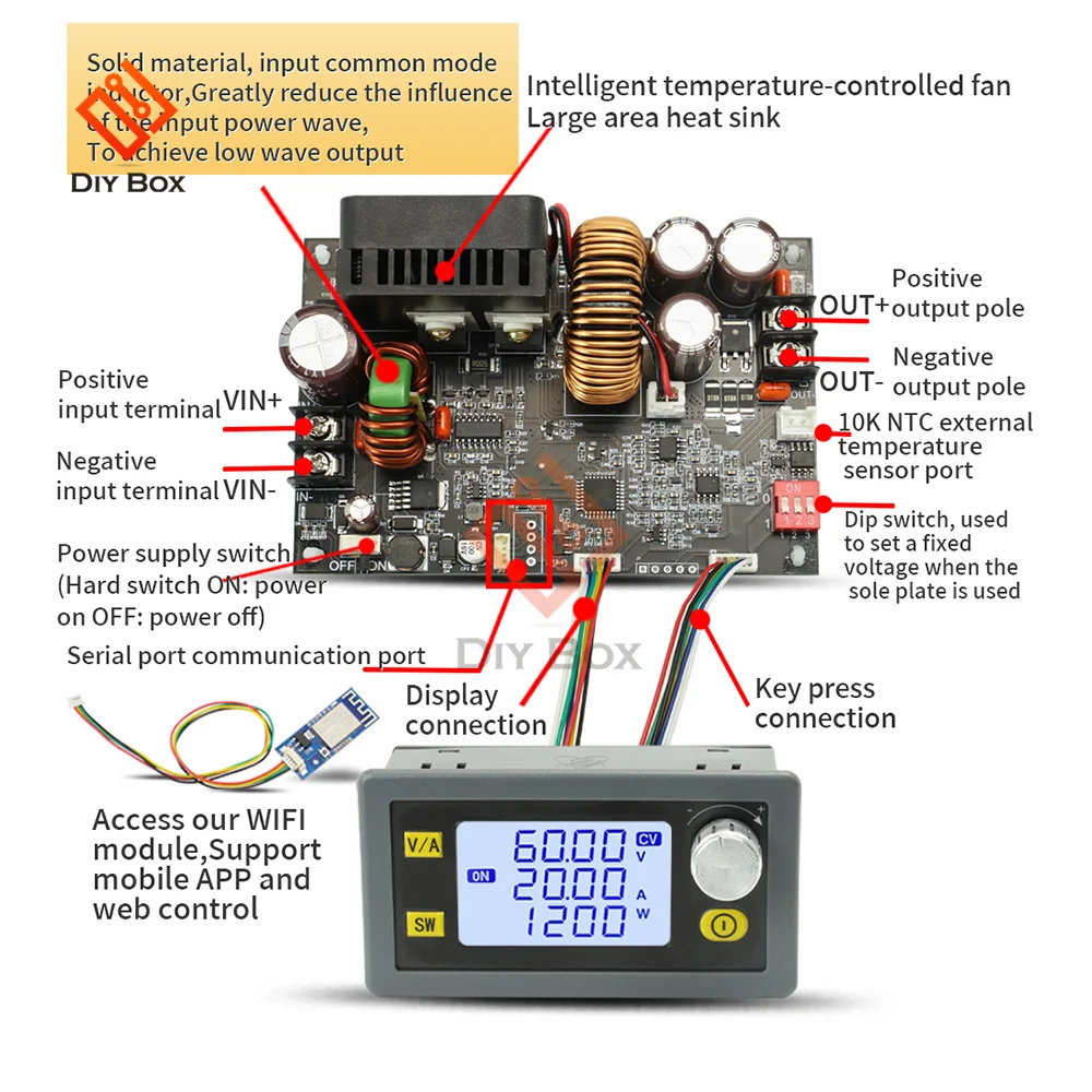 XY6020L CNC 가변 DC 안정화 전압 전원 공급 장치, 정전압 및 정전류, 스텝 다운 모듈, 20A, 1200W