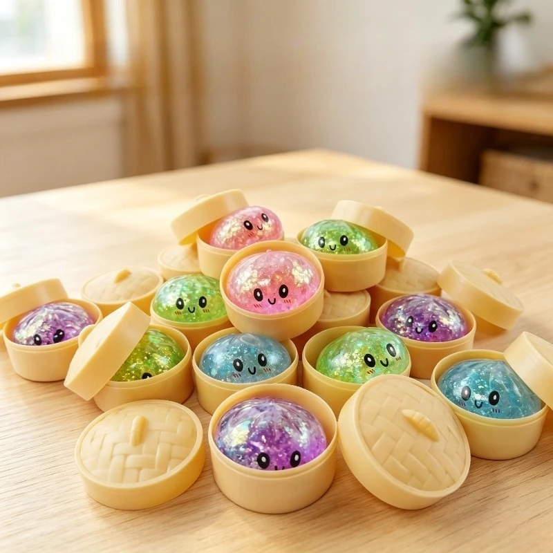 Simulierter Knödel-Squishy: Weicher, elastischer Stressball mit Bambus-Dampfgarer-Box – Anti-Stress-Spielzeug für kreative Geschenke