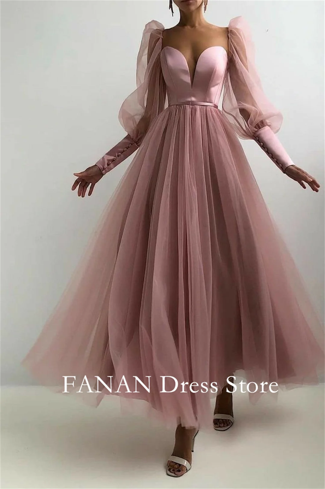

Deep V-Neckline Prom Dress Pink Customized Tulle Wedding Evening Dresses Formal Dress Long Sleeves Party Dress Evening Gowns