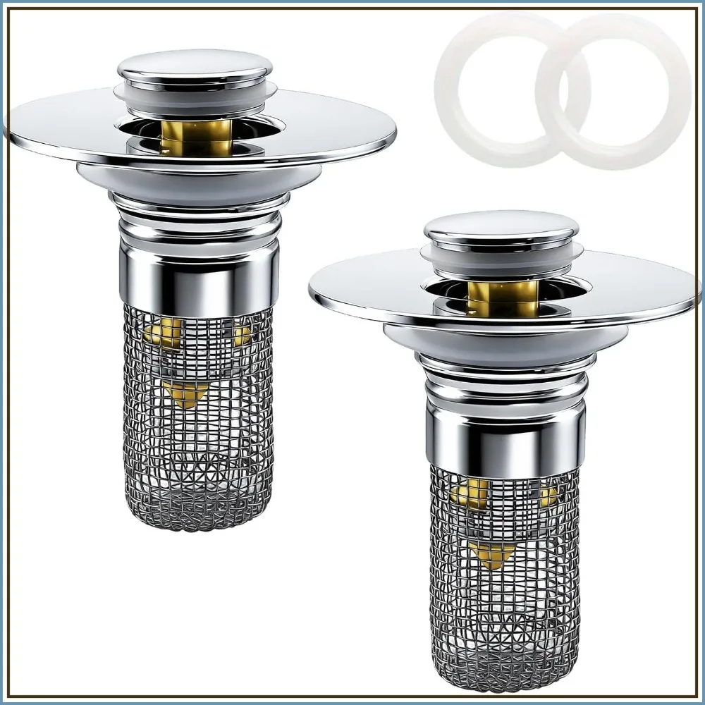 Pop-Up Sink Drain Strainer with Removable Basket, Hair Catcher, 2 Pack, Fits 1.1-1.29 inch Drains