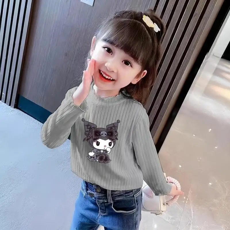 Kawaii الكرتون فتاة Kuromi بأكمام طويلة تي شيرت أنيمي سانريو جديد الربيع والخريف نصف سلحفاة الرقبة تنوعا قاعدة قميص عادية