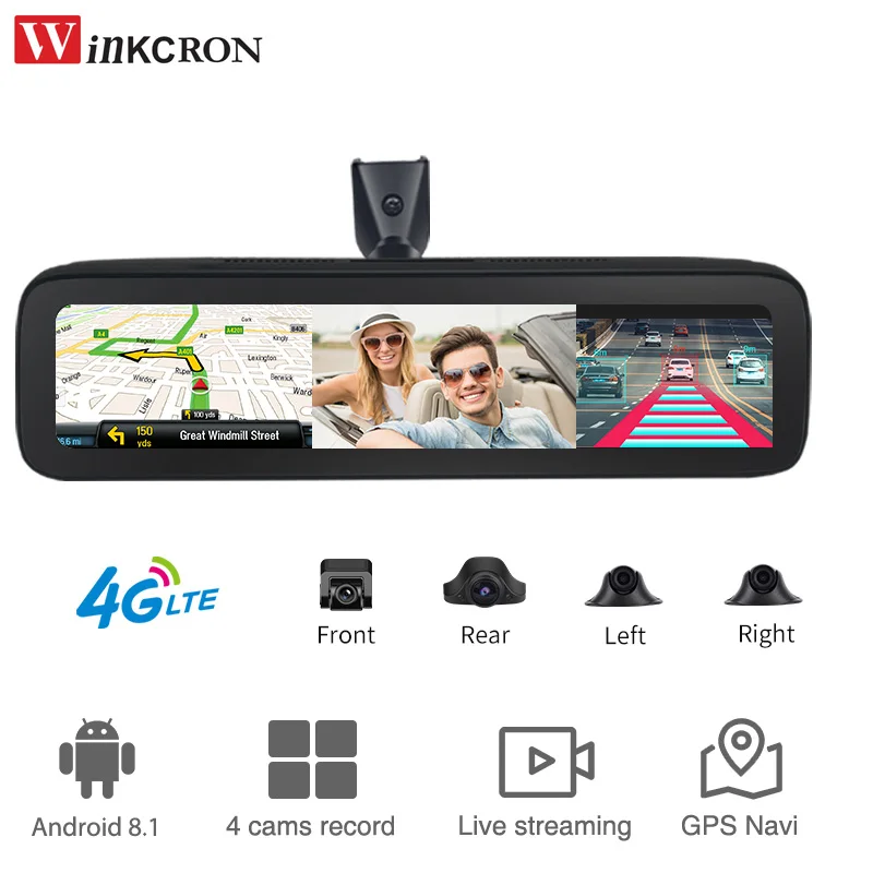 12 inch Touch Car Rearview Mirror 4 Cameras Dash Cam Video Recorder Android 8.1 GPS Navigation 4K FHD 1080P Video Recorder