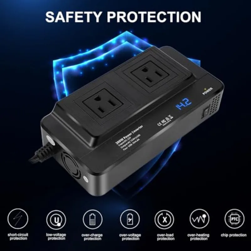 200W Car Inverter Multifunctional Adapter Socket 12V DC To 110V AC Voltage Converter with 2 Plugs and 4 USB Ports for Camping