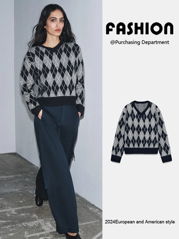 

Faionable V-ne Knitted Sweater Diamond Pattern New Arrival Spring Women's Loose Fit Long Sve Knitwear Ele Sle