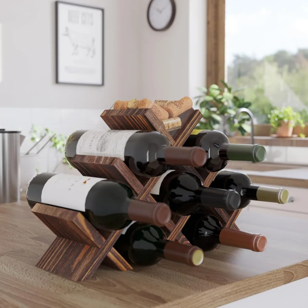 Rustic Wood Wine Rack for 8 Bottles with Cork Storage, Freestanding Tabletop Organizer in Walnut Finish
