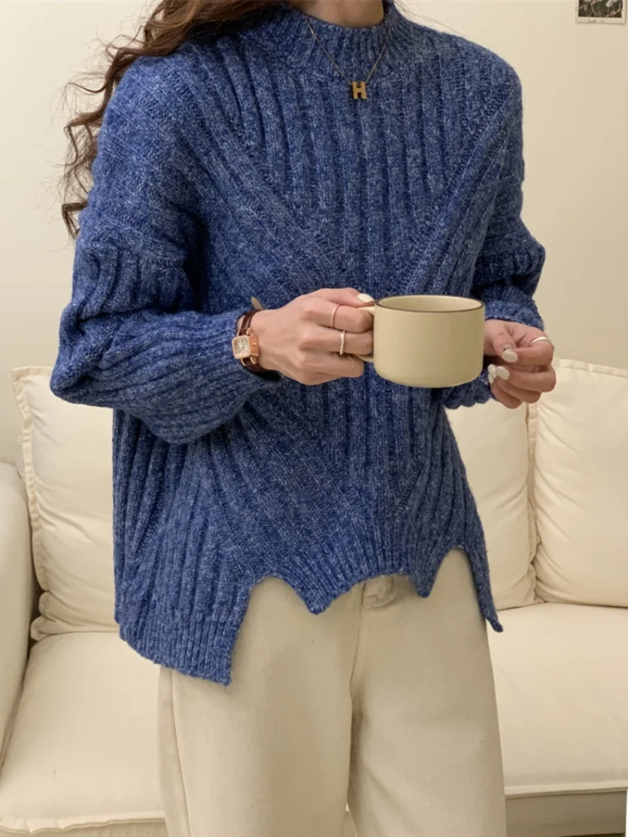 

Deep Blue Knitted Sweater Mixed Yarn Heavy Embroidery 3D Weave South France Sle Commute Sle Long Sve round Ne Sweater