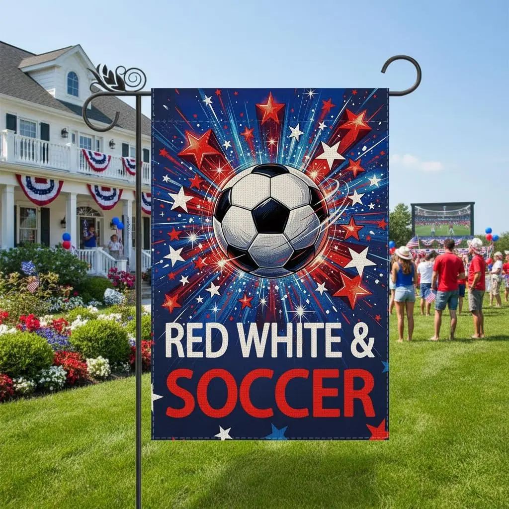Soccer Decor - Red White and Blue Soccer Garden Flag Vertical Double Sided Flag for Farmhouse Yard Outdoor Lawn Decorations  llp