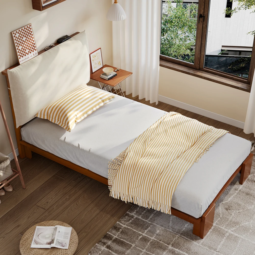 PINGGO Dunkelbraunes Polsterbett Einzelbett 90x200cm Samt-Kopfteil Stabiler Lattenrost Verbreiterte Beine Ohne Matratze – Detail 5