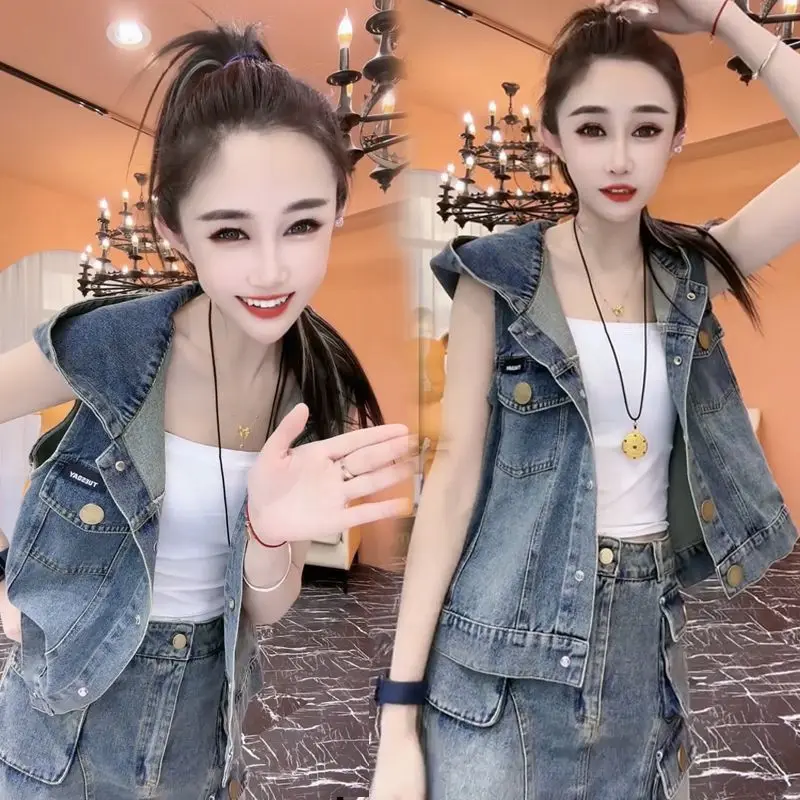 Vintage Denim Skirts Suits Two Pieces Y2k Dress Sets Women Denim Vest Mini Skirt Women Clothing Trends Hoodies Tops Hooded Vests