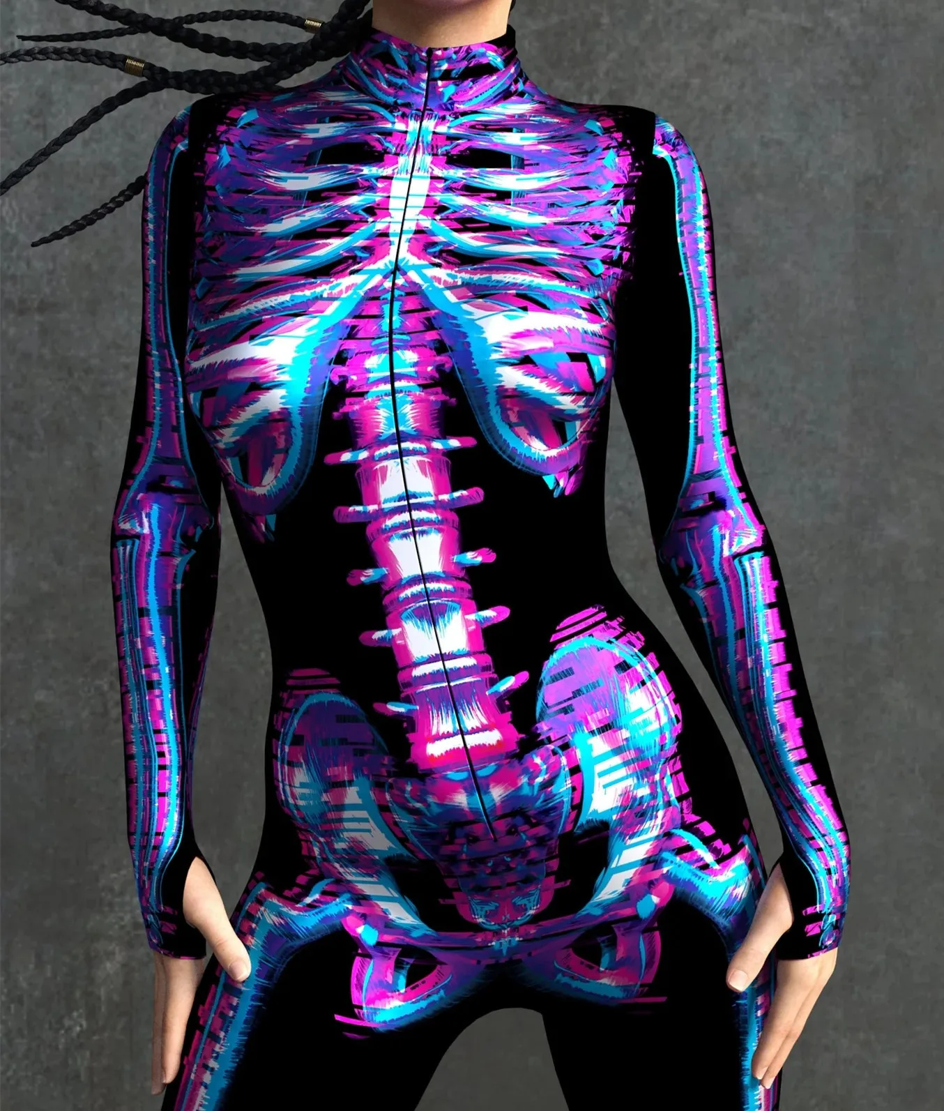 Halloween Skinny Damen Bedruckter Bunter Totenkopf Cosplay Jumpsuit Cyberpunk Zentai Anzug Karnevalsparty Aerial Performance Bodysuits – Detail 7