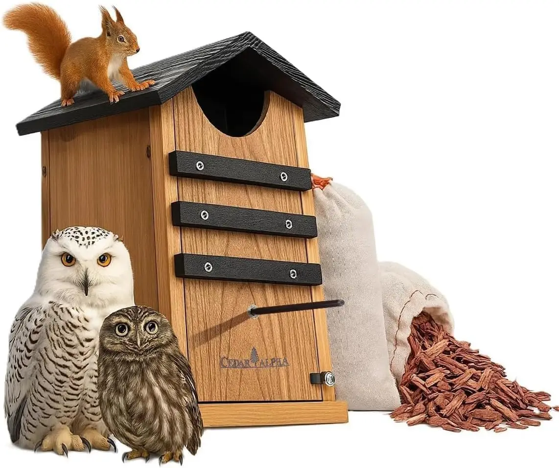 

Cedar Wood Bird House for Squirrels, Owls, Ducks - Heavy Duty Outdoor Nesting Box with Stainless Steel Perch