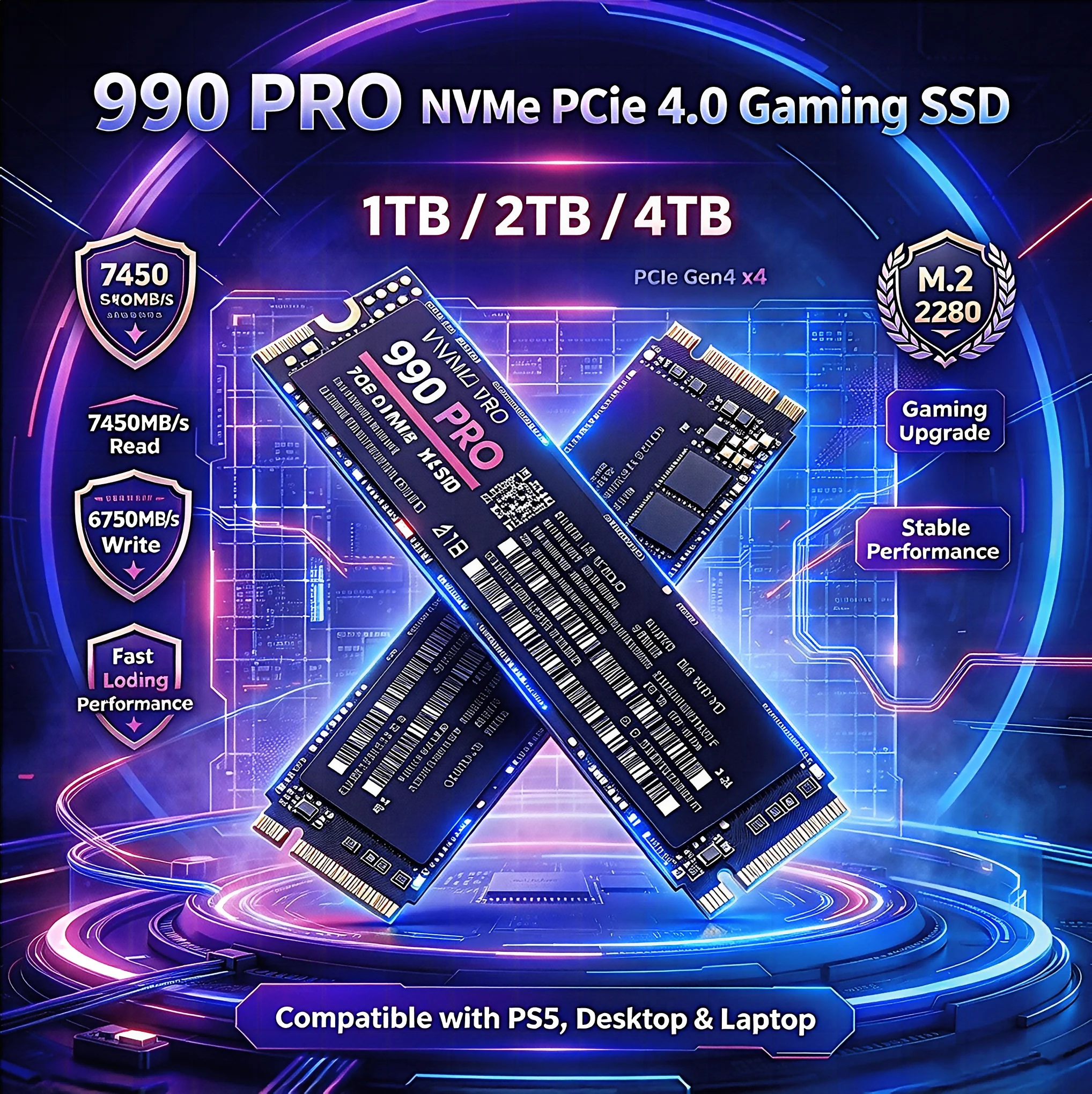 990 PRO NVMe M.2 PCIe 4.0 Gaming SSD, Fast Read Write Internal Solid State Disk, Storage Upgrade for PS5, Desktop PC and Laptop