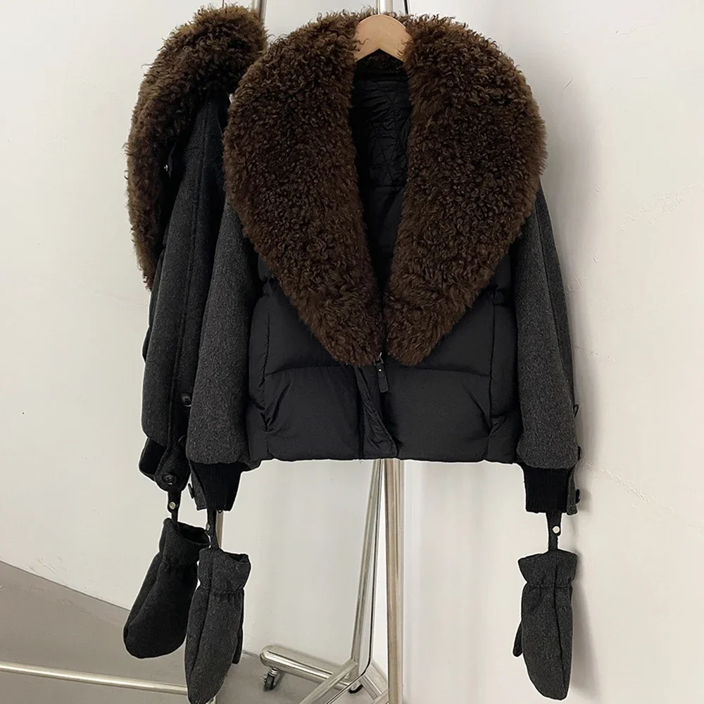 OFTBUY Abnehmbare Handschuhe Echte Lammwolle Pelz-Pufferjacke Daunenjacke mit Natürlichem Pelzkragen Neue Winter-Daunenkleidung für Damen – Detail 4