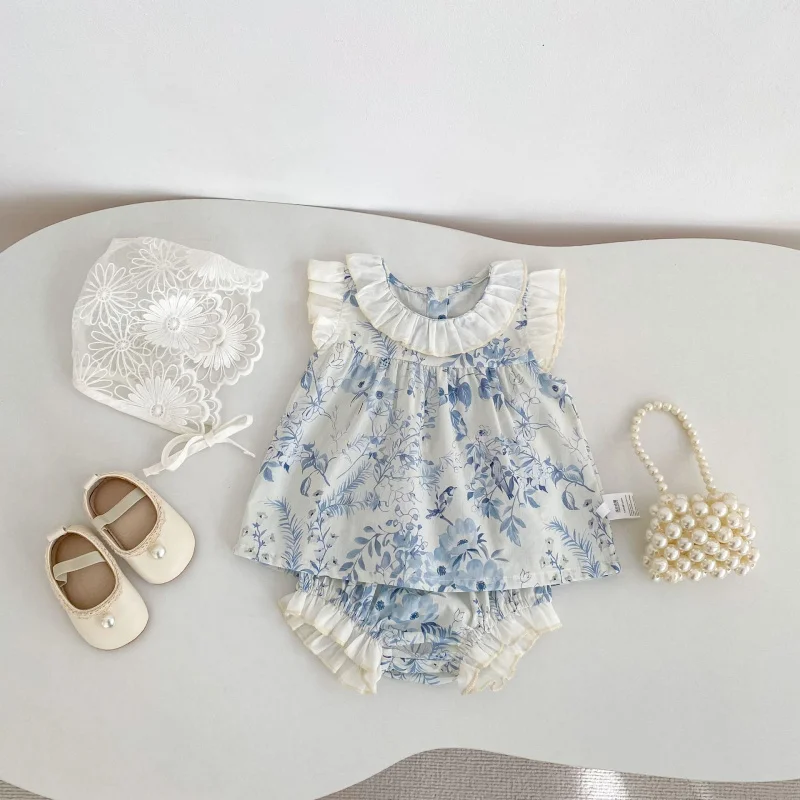 

Baby outfit2026Summer girls' fresh printed short-sleeve top and romper two-piece set, breathable pure cotton clothing