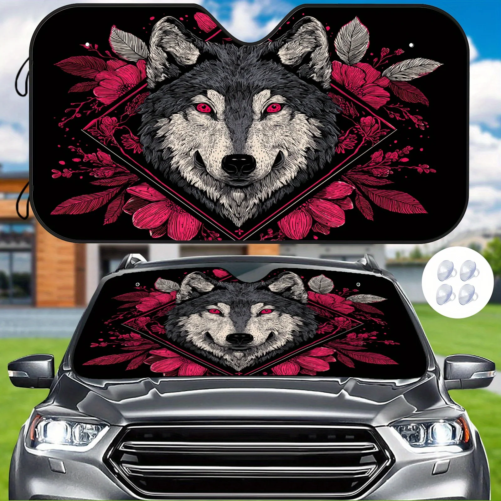 Floral Wolf Head Illustration Car Sunshade, Trendy Decorative Style, Heat Insulation And Sun Protection, Keeps Car Interior Cool