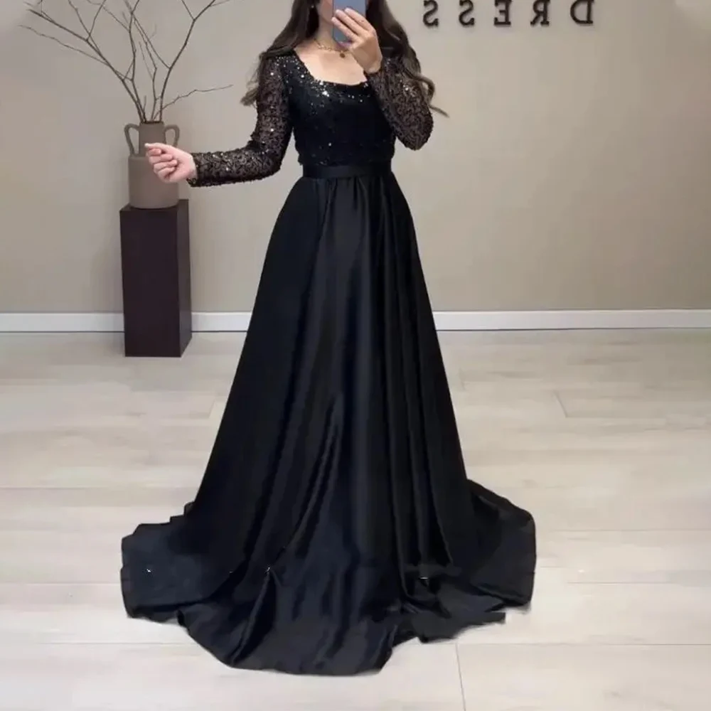 Elegante schwarze lange Abendkleider für Frauen U-Ausschnitt boden lange A-Linie Party Ballkleid Sonder veranstaltungen Brautkleider