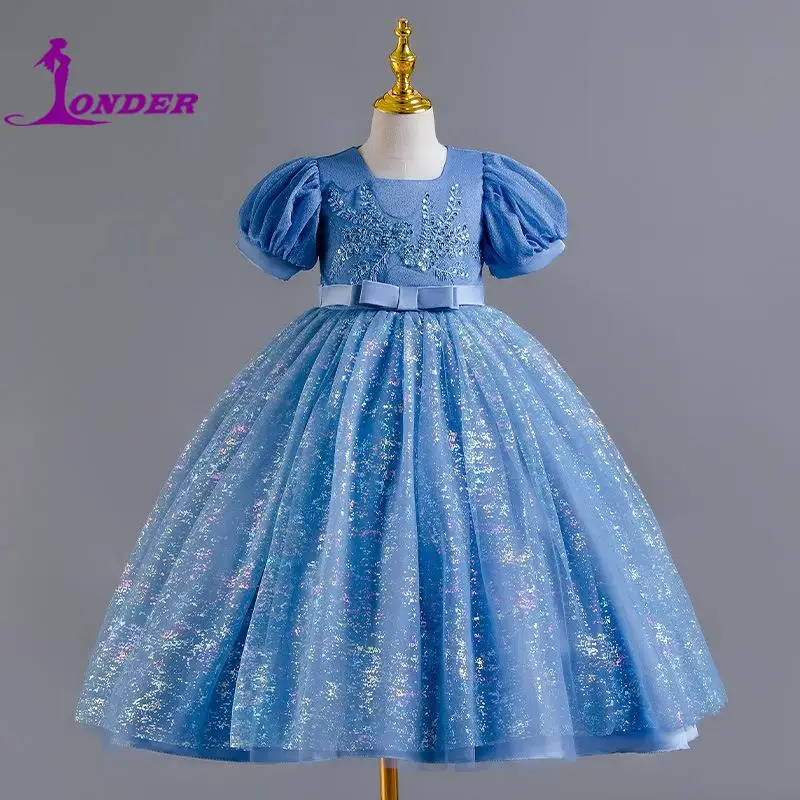 Sonder-vestido de tul con flores para niña, vestidos de dama de honor brillantes para desfile de boda, vestido de fiesta de cumpleaños de princesa personalizado