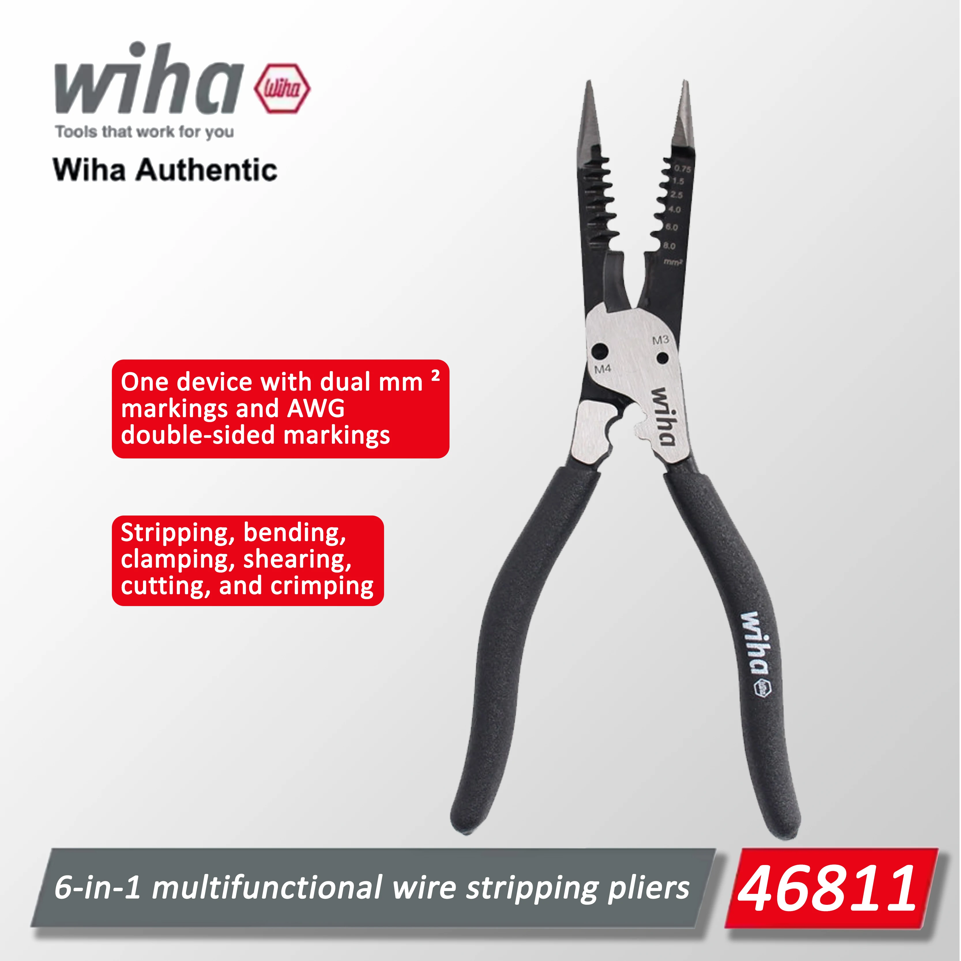 Wiha 46811 6-in-1 Multifunctional Wire Stripping Pliers, 200mm Cable Cutting Pointed Pliers, Manual Maintenance Tool 46811