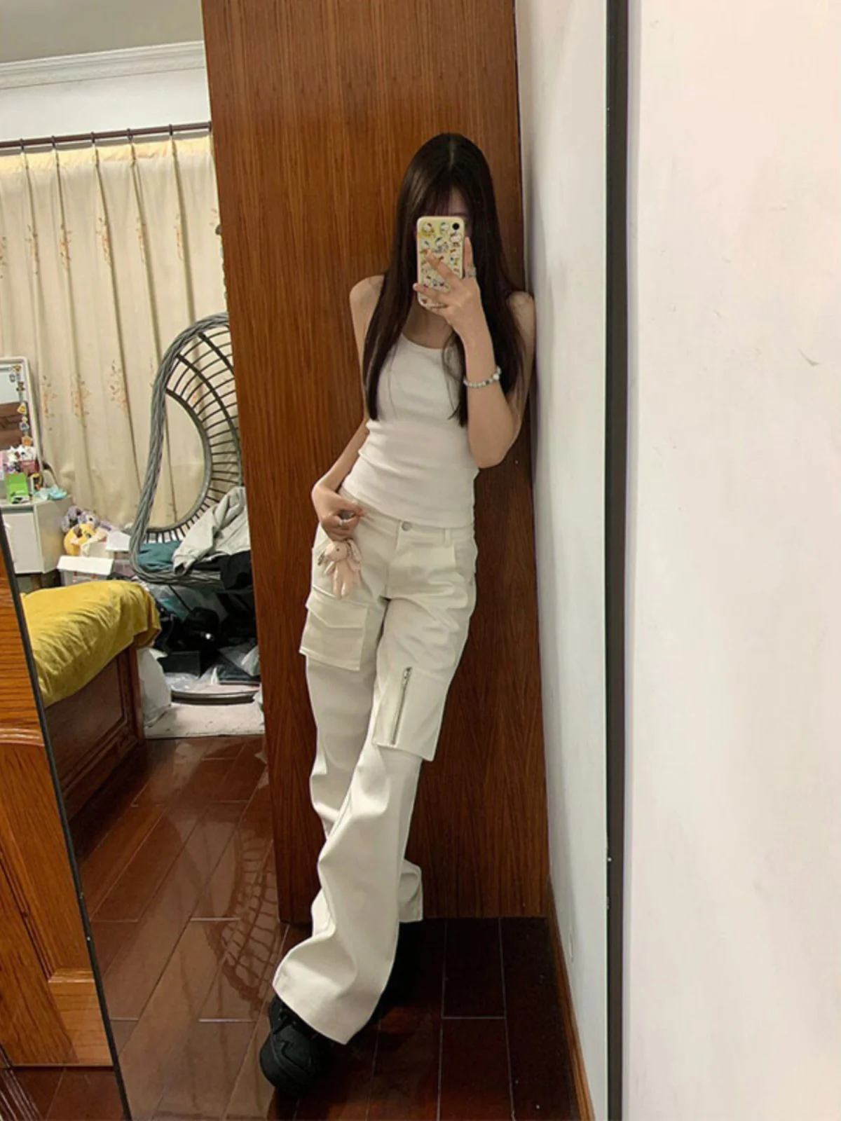 

Off Retro ket Design Wide Leg Work Pants Women High Waist Slim Loose Casual Straight Leg Trousers Street Sle Hip Hop