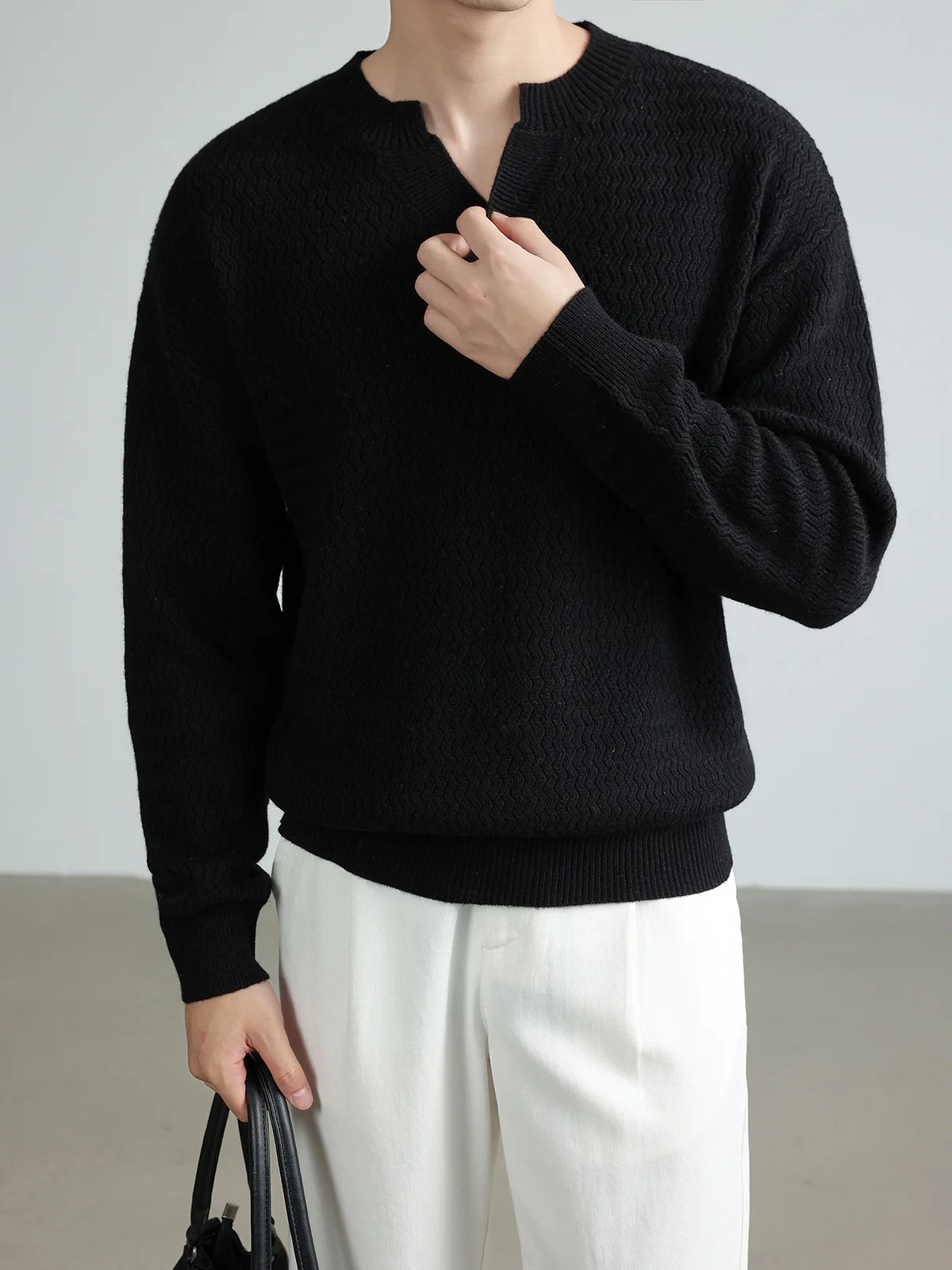 100% Wool Knitted Base Layer Sweater Henry Collar Wave Pattern Warmth Autumn Winter Overhead Men's Casual Style Long Sleeve