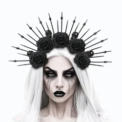 Gotycka czarna opaska na głowę Halo Skeleton Flower Sunburst Spike Nakrycie głowy dla kobiet Halloween Queen Akcesoria do włosów Party Cosplay