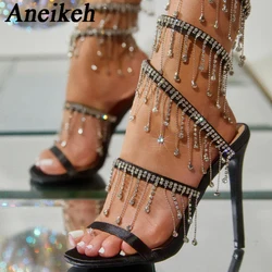 Aneikeh Fashion strass sandali di cristallo lucido da donna String Bead Night Club tacco a spillo Wrap Strap Peep Toe Shoes Summer