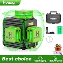 Huepar B03CG 3D Cross Line Laser Level Self-leveling 12 Lines Osram Green Level Alignment Laser Tool With Li-ion Battery & Case