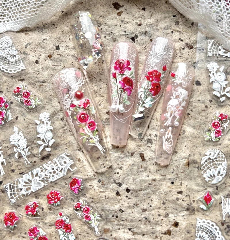 2 قطعة 5D تنقش مسمار ملصقات فنية أنيقة الورود الحمراء الزهور الأبيض الأربطة المتزلجون مسمار ملصقات زينة للتقليم #5