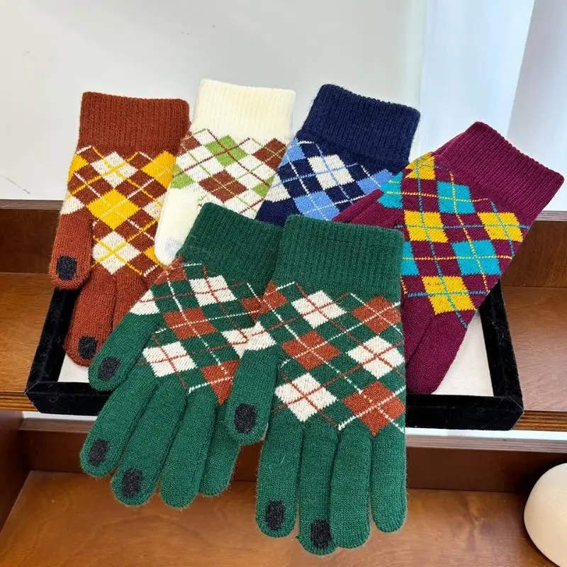 1 Pair Touch Screen Plus Thick Plaid Gloves Winter Adult Male and Female Students Split Finger Riding To Keep Warm Cute Couple