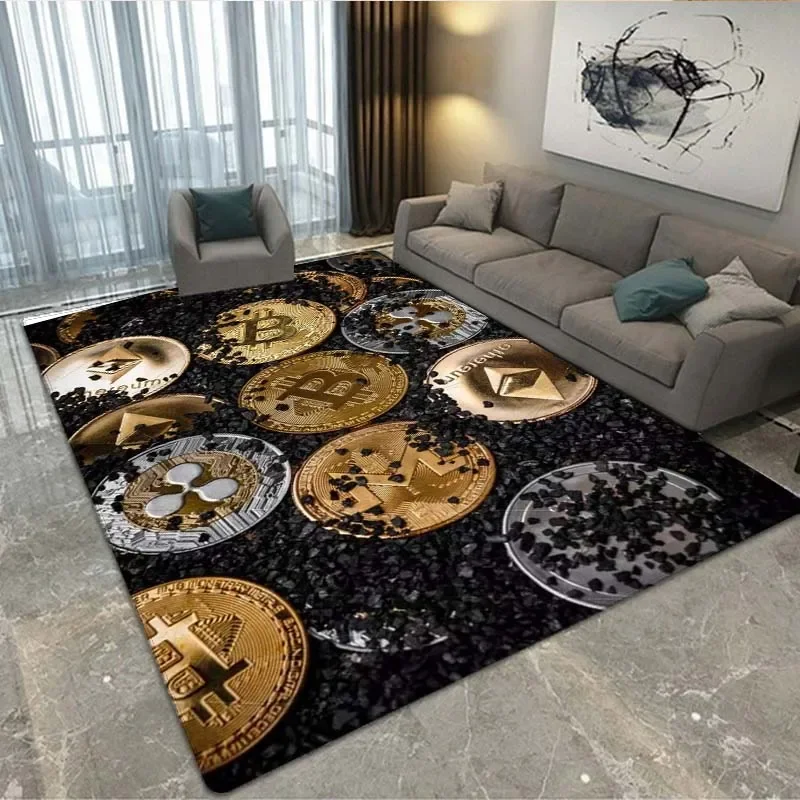 3D Bitcoin Virtual Currency Area Rug Large,Carpet Rug for Living Room Bedroom Sofa Playroom Doormat Decor,Kid Non-slip Floor Mat