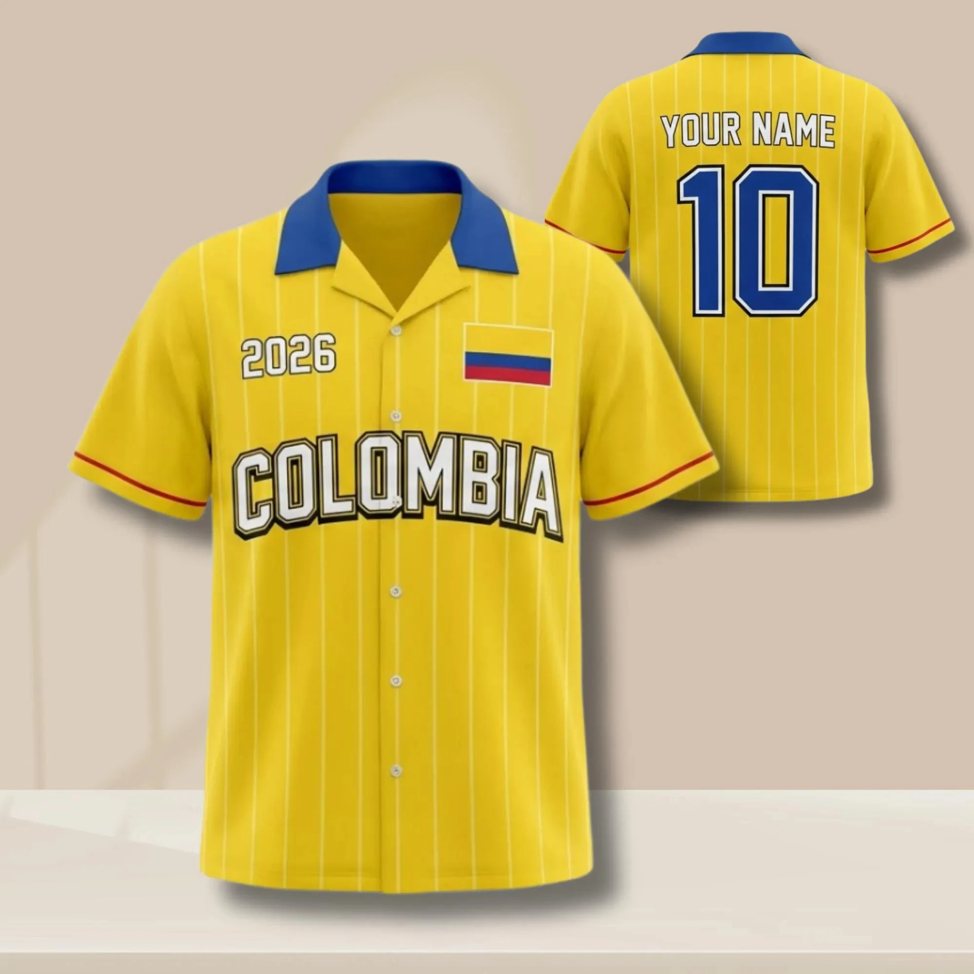 

New Colombia Custom Name Number Soccer Jersey Hawaiian Button Up Shirt Football Fan Apparel Personalized Team Wear Clothing