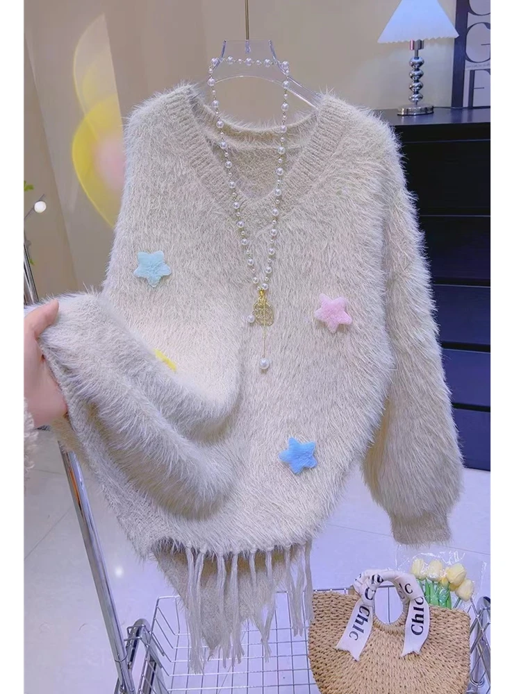 

Мягкий длинный свитер Sve Base irt, женский модный антивозрастной вязаный свитер с кисточками и звездами, V-ne, обычная длина