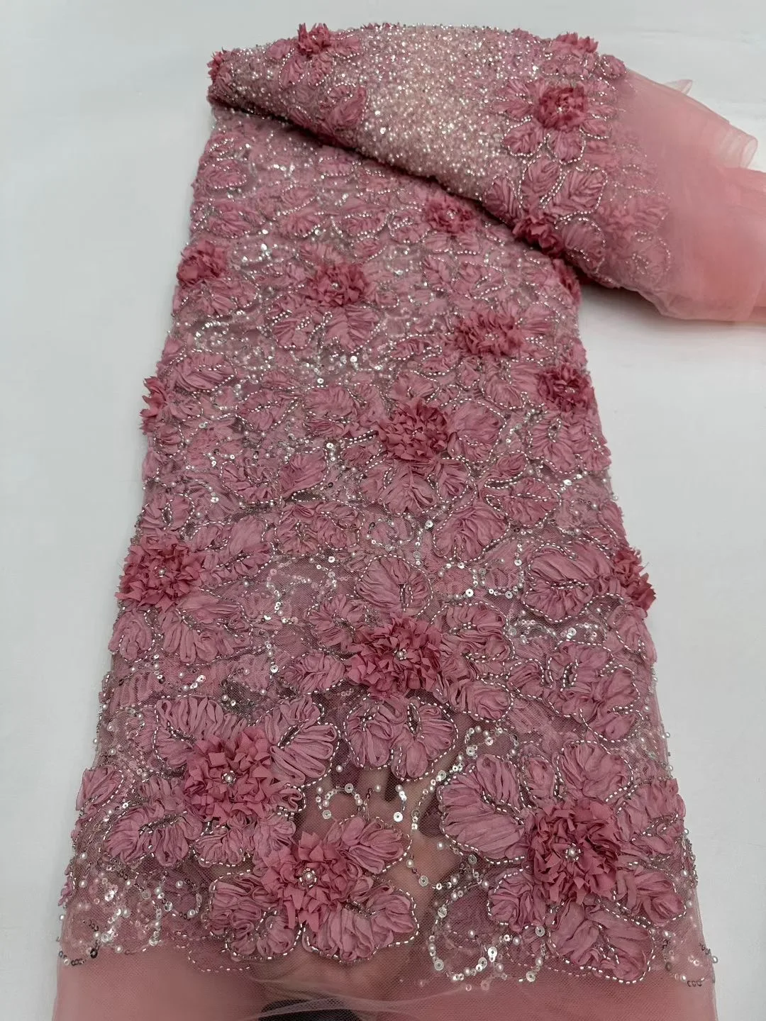 African Beaded French Lace Fabric Tulle Lace Latest Lace Fabric High Quality 2025 White 3D Flower Embroidery For Sewing