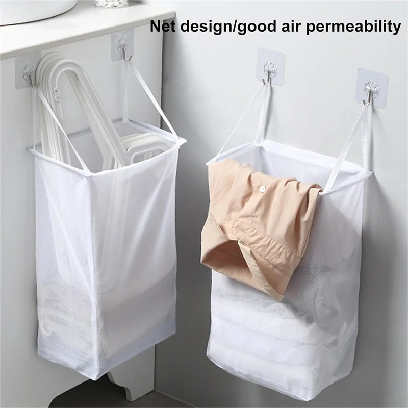 

Hanging Net Bag With Sticker Wall-Mounted Laundry Basket Dirty Clothes Storage Basket Bathroom Organzier Mesh Bag Laundry Hamper