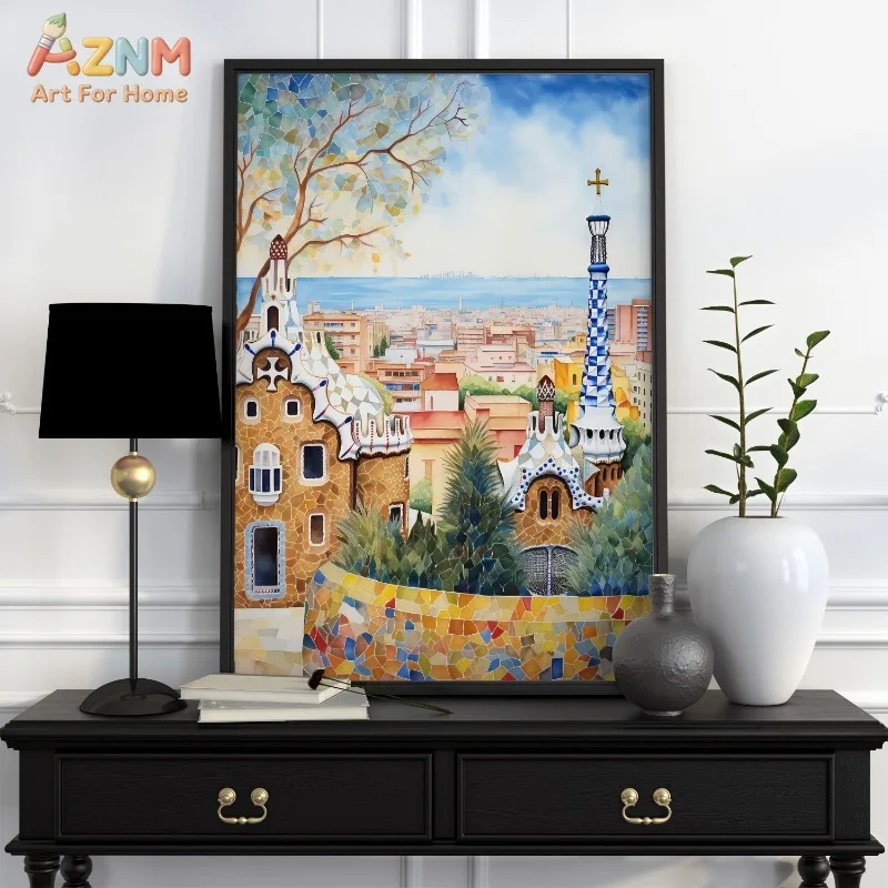 AZNM Unframed Colorful Landscape Canvas Wall Art, Modern Hot Air Balloon City Street Nature Scenery Print, Vibrant Boho Travel T