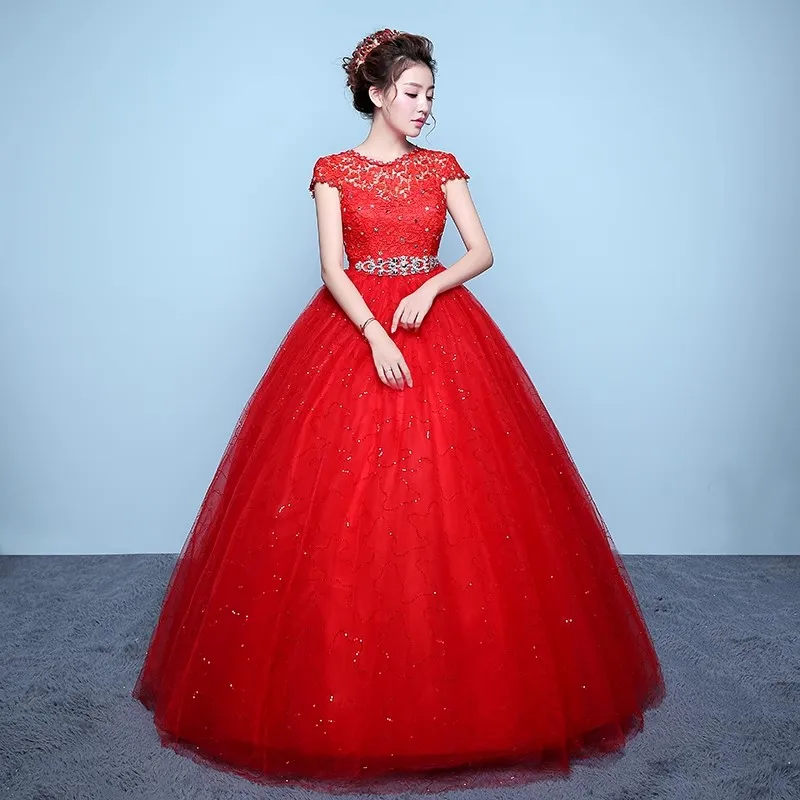 It's Yiiya Red Wedding Dress Cheap Lace O-neck Short Sleeves Crystal Bling Princess Floor-length Plus size Bride Ball Gown XN068