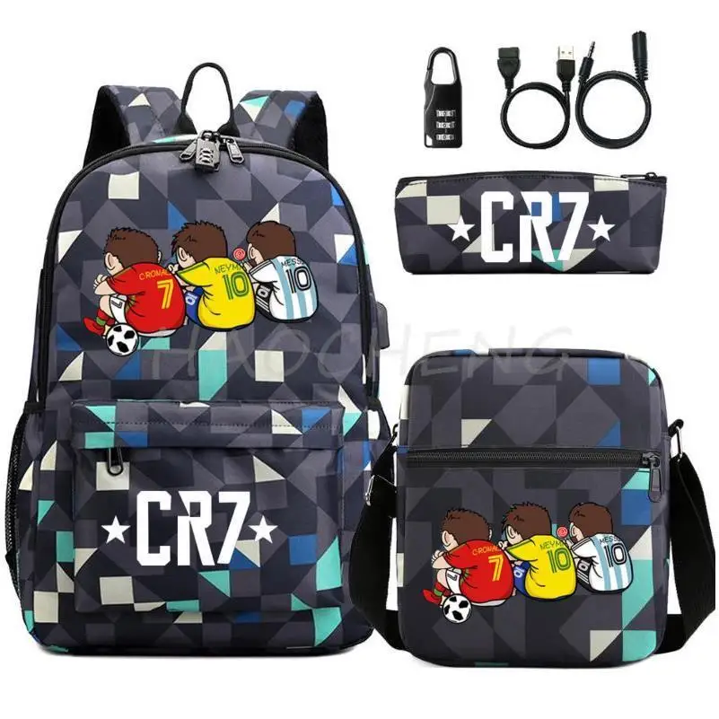 Fashion 3 Pcs/Lot Football CR7 Backpack 3D Printe Teens Shoulder Bags Women Men High School Students School Bags