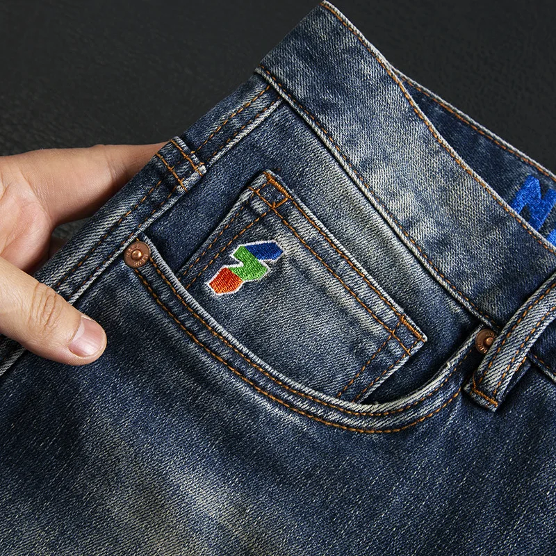 High end classic retro jeans men's stretch slim fit small straight tube casual versatile fashion trend pants