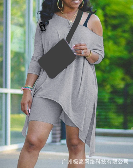 

Summer Casual Two-piece Women's Fashion Solid Color Skew Collar Long Sleeve Asymmetricalr Loose Shirt Top and Slim Fit Pants Set